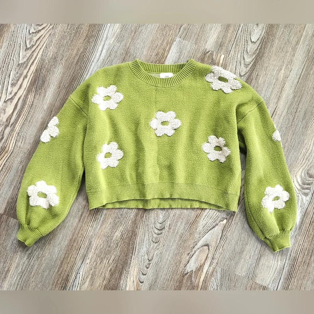 Luna Ivy Lime 3D Ivory Daisy Cropped Sweater Womens L Long Sleeve Retro Crew - Picture 6 of 13